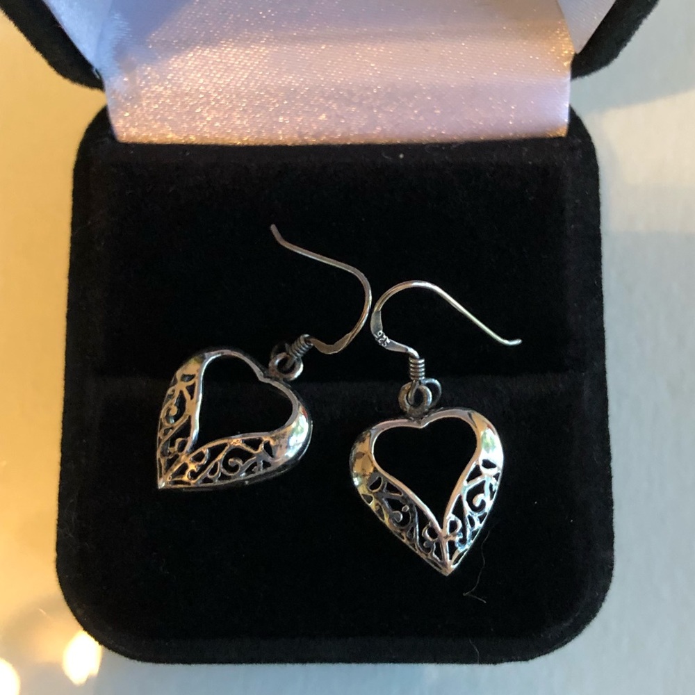 Sterling silver drop heart earrings
